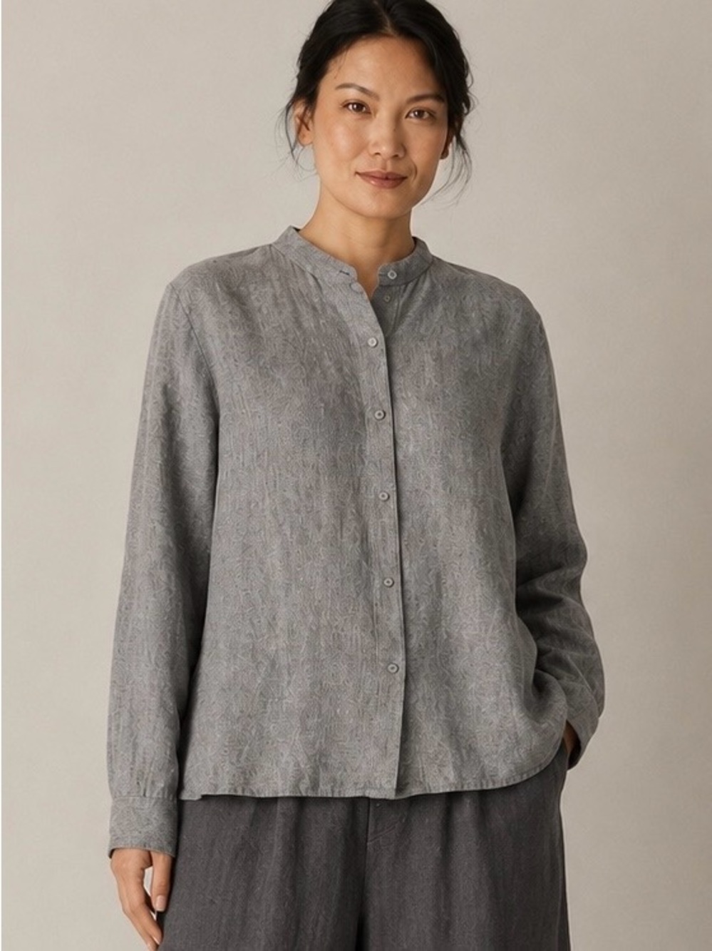 Eileen Fisher Irish Linen Green/Gray Band Collar Jacket, Top, Boho, Lagenlook SP
